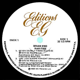 12” Brian Eno Rarities ENOX1 	EDITIONS EG /00250 Rarities by Brian Eno (EP, Art Pop): Reviews, Ratings, Credits
