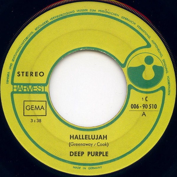 Hallelujah / April (Part 1) by Deep Purple (Single; Harvest; 1C