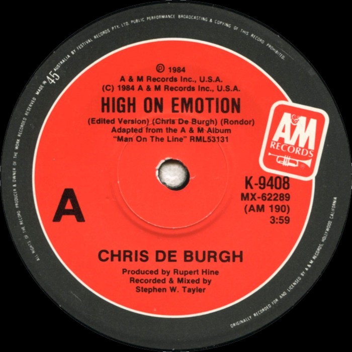 High on Emotion / Much More Than This by Chris De Burgh (Single; A& K9408) Reviews, Ratings