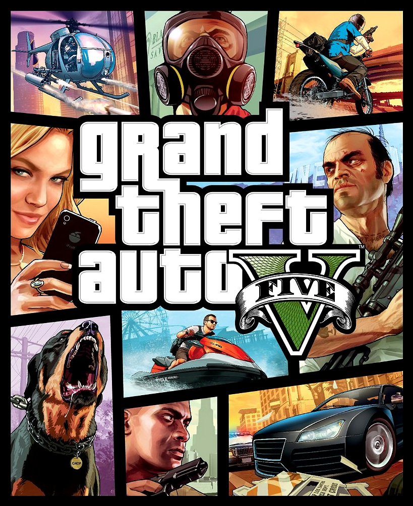 Grand Theft Auto V (video game, open world, crime, mission-based driving,  third-person shooter, black comedy, satire, third-person, day/night cycle,  real-time, cover system, item shop, multiple endings, item wheel,  navigational map, character ..., image size:819x1004