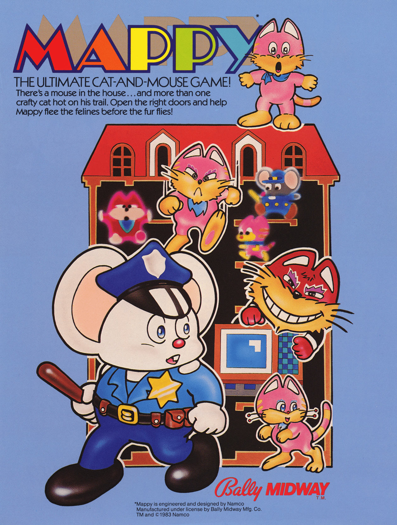 Mappy (video game, arcade, 2D platformer, puzzle platformer, side